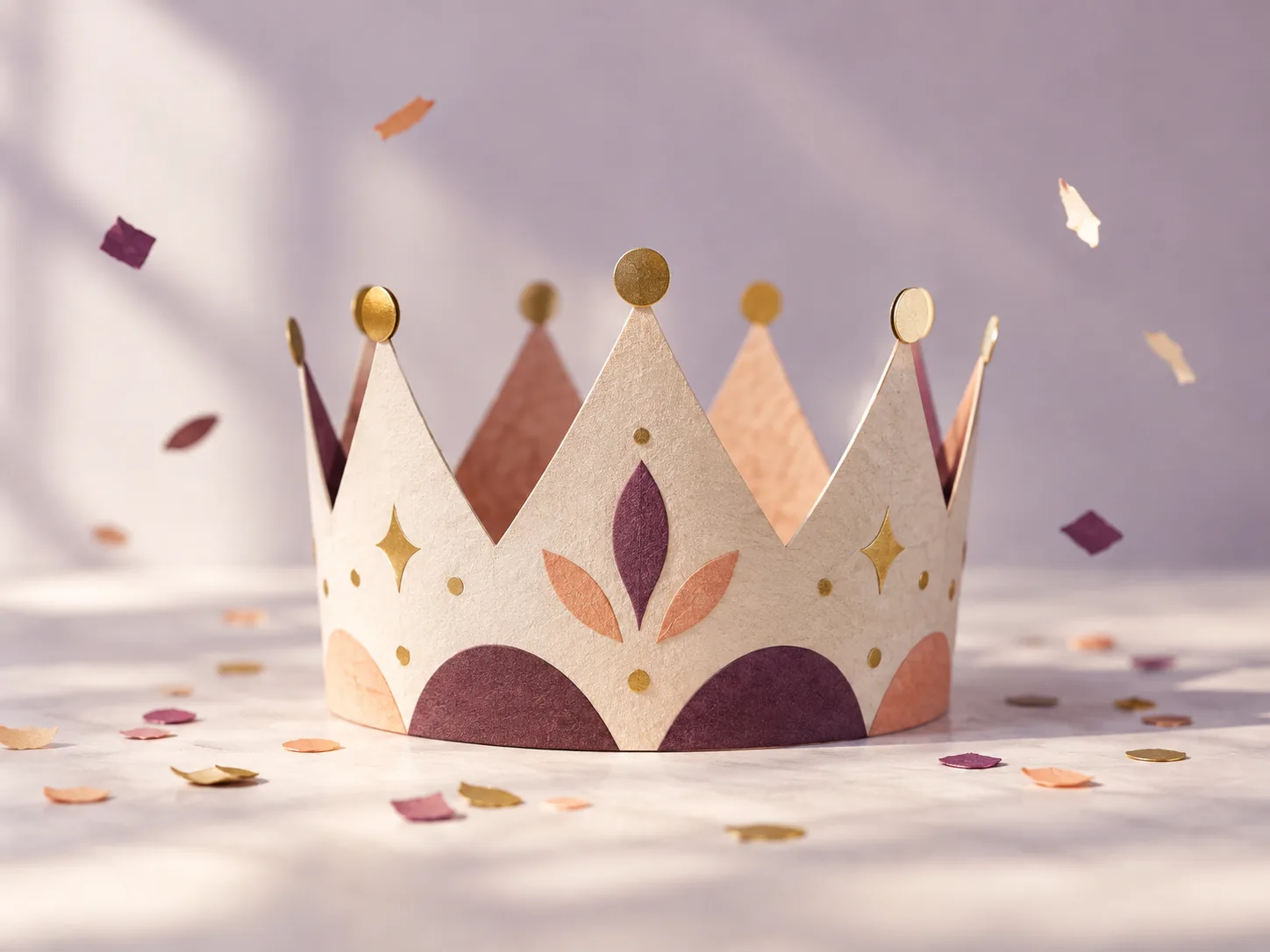 A handmade paper celebration crown with plum and peach details, surrounded by confetti