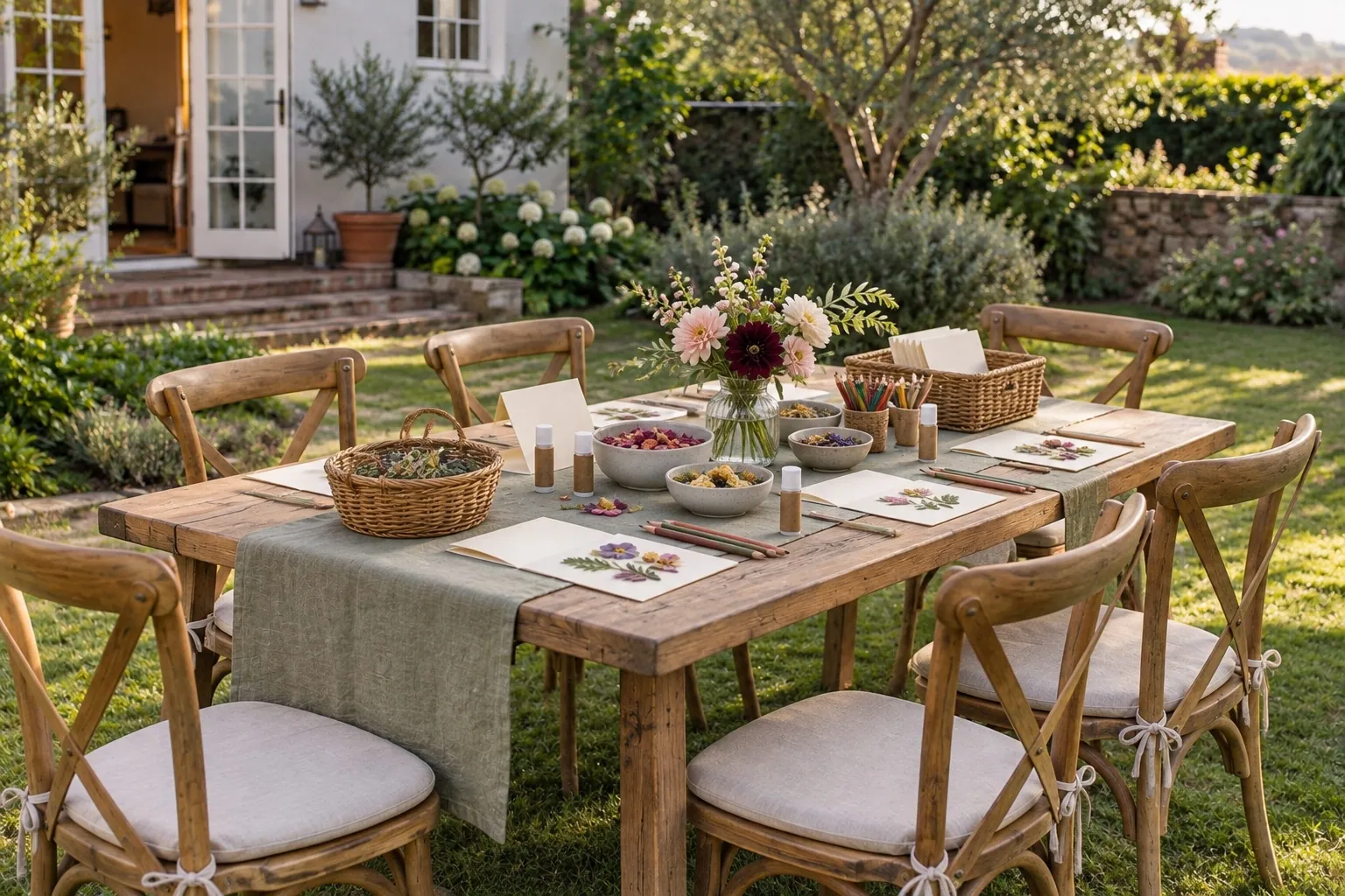 A small outdoor craft table with blank cards, dried petals, pencils, and flowers for a pressed-flower activity.