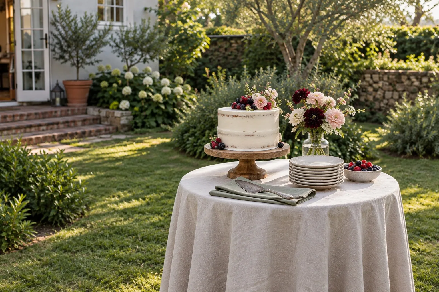 A modest single-tier birthday cake with berries beside plates and seasonal flowers on a garden side table.