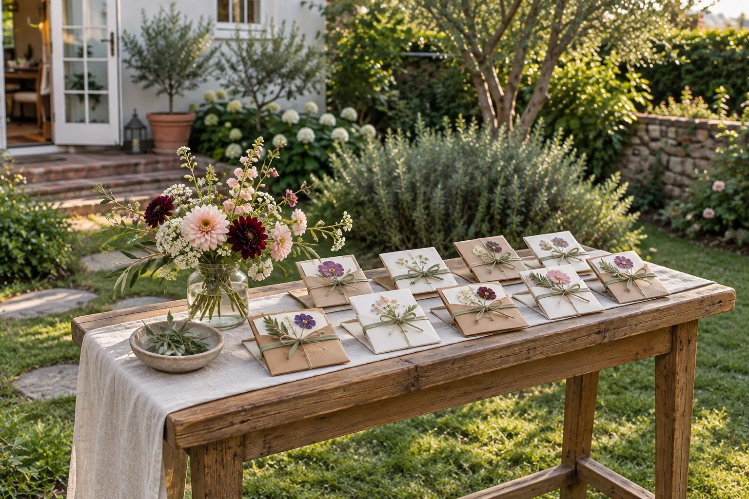 Pressed-flower keepsakes tied with sage ribbon, ready to take home