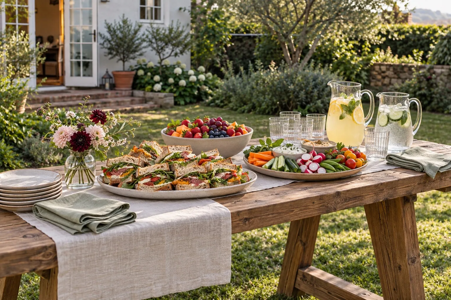 Garden lunch with sandwiches, fresh fruit, vegetables, dip, lemonade, and water on one timber serving table.