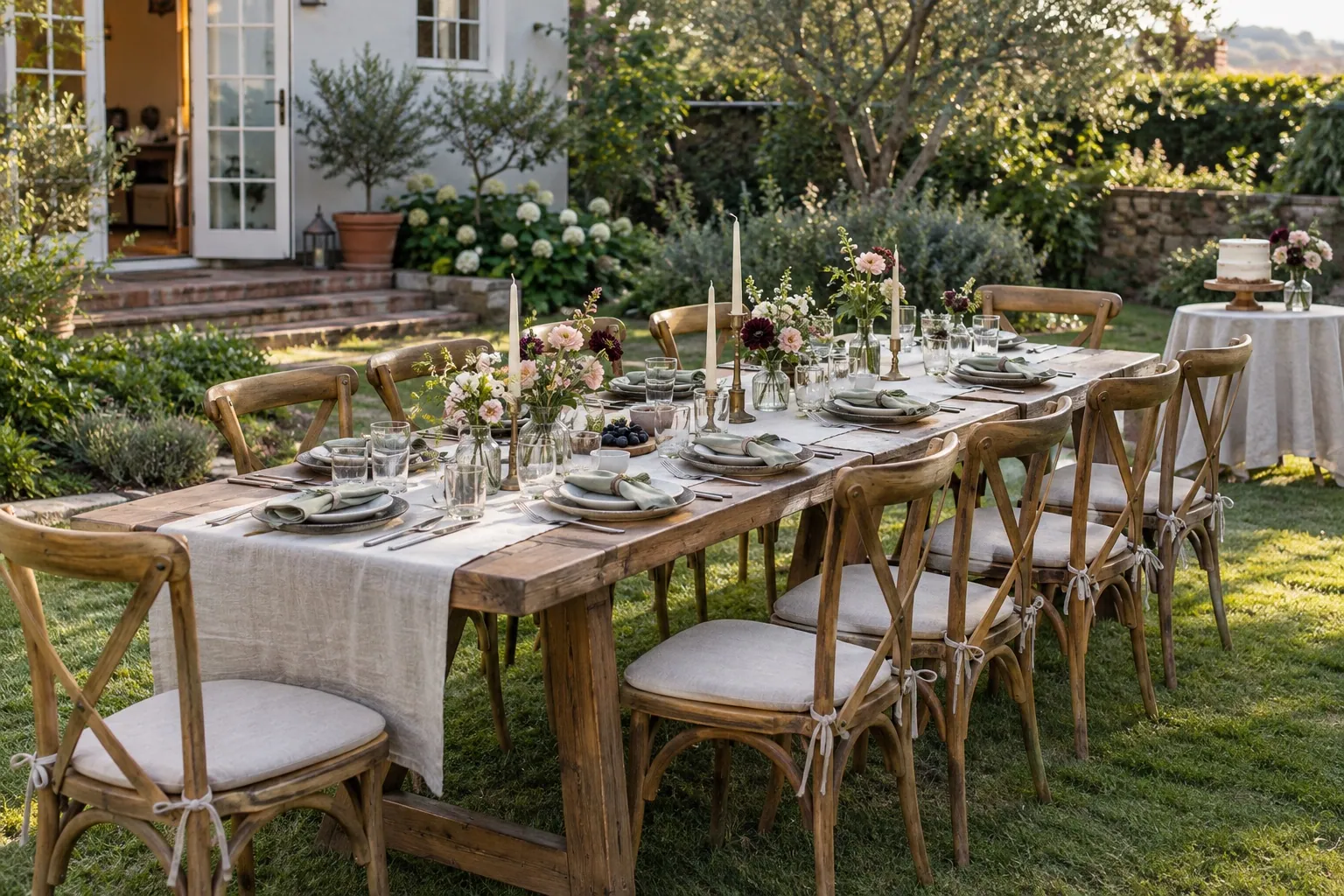 An intimate garden celebration with a long linen-covered table, wooden chairs, and seasonal flowers