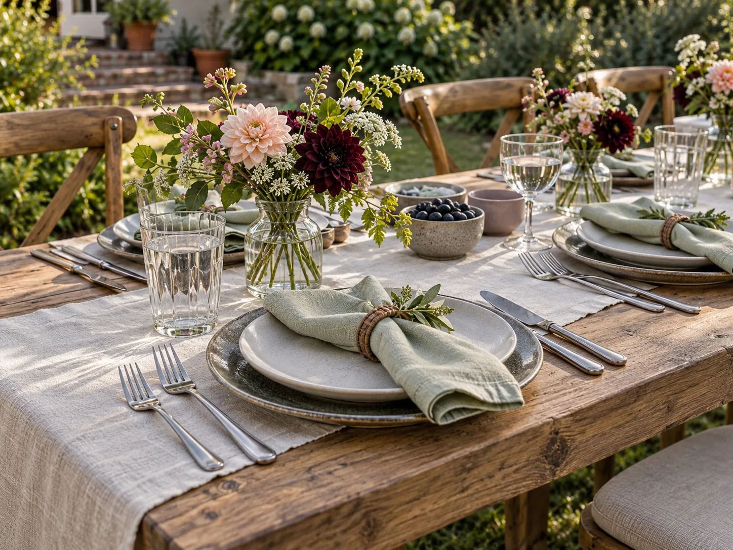 Sage napkins, ceramics, and seasonal flowers at the garden table