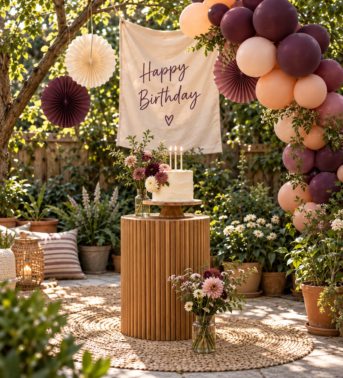 A garden birthday corner with plum and apricot balloons, paper fans, a fabric banner, and a flower-topped cake