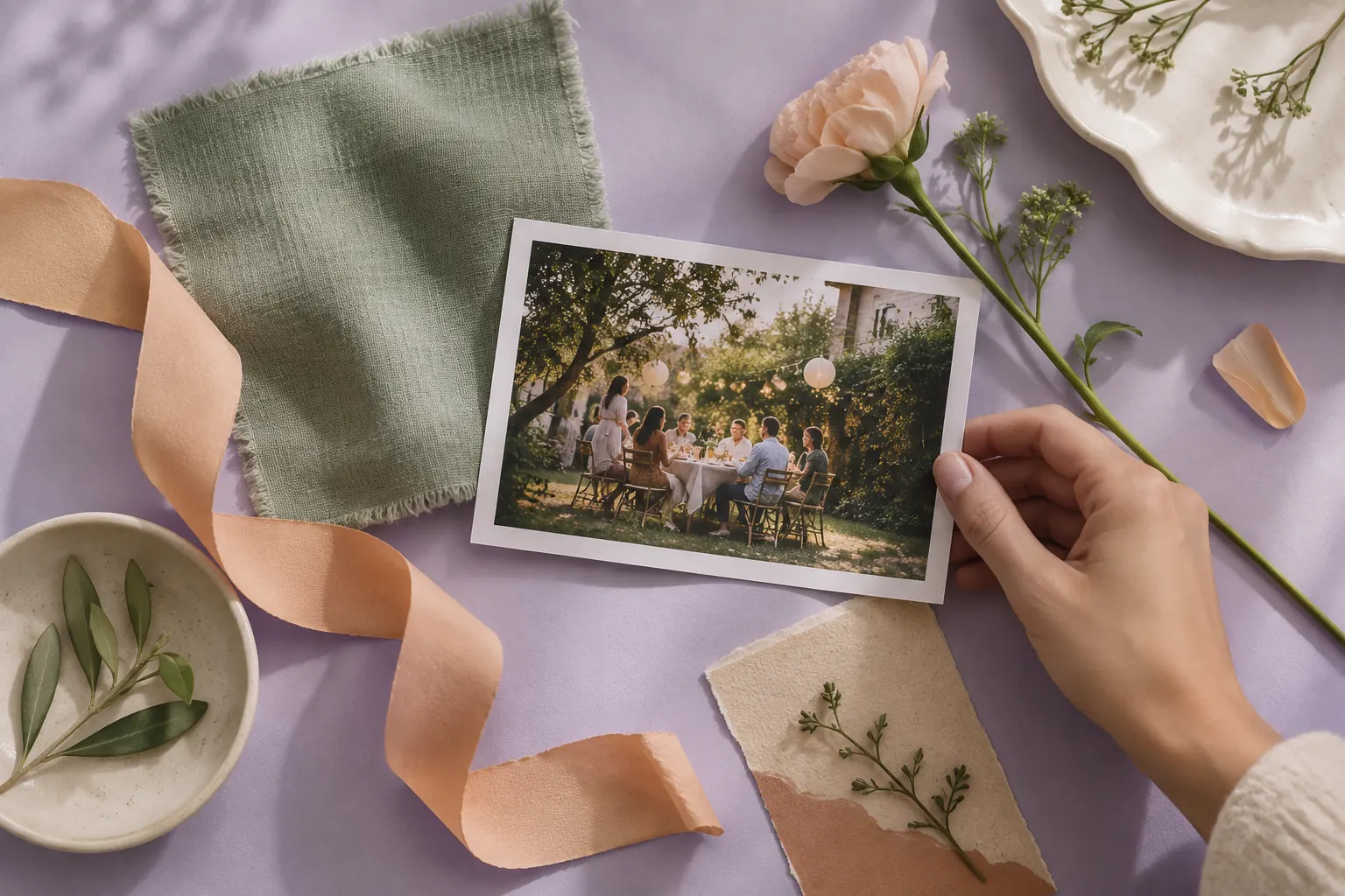 Birthday moodboard with sage fabric, peach ribbon, a flower, and a garden gathering photo