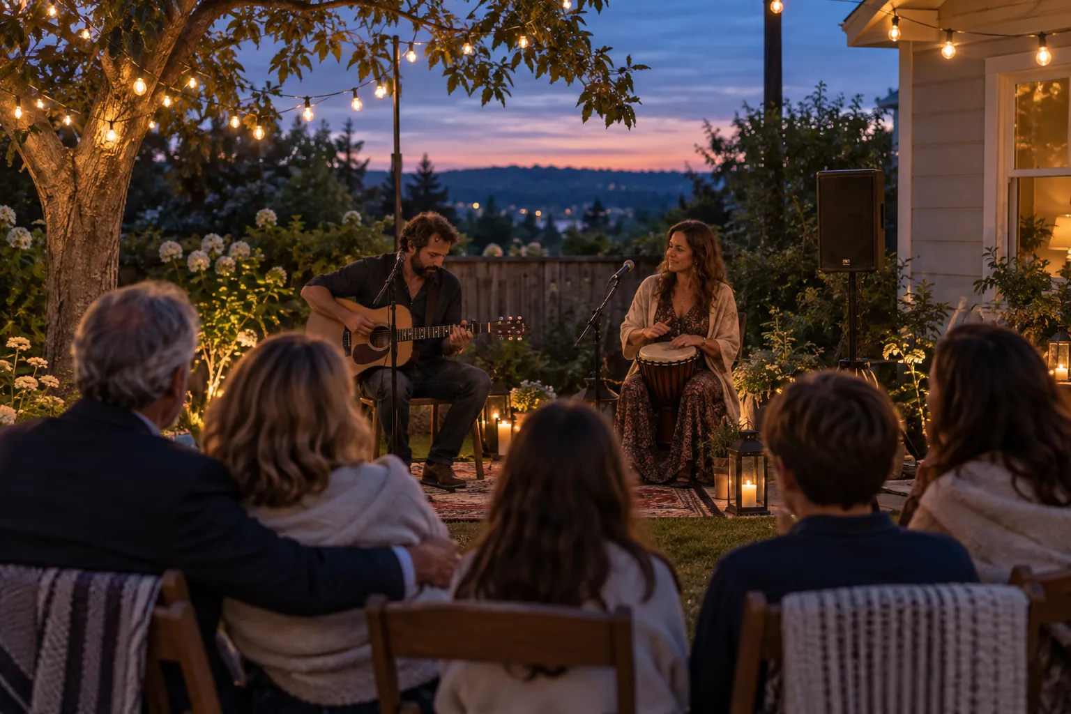 Two local musicians playing guitar and hand percussion at a backyard anniversary at dusk.