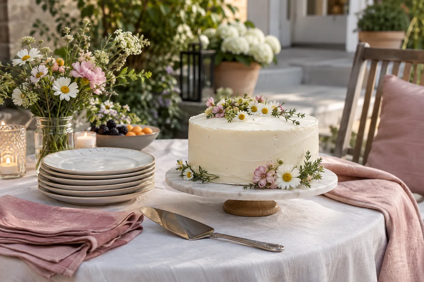 A modest anniversary cake with plates on a patio table.