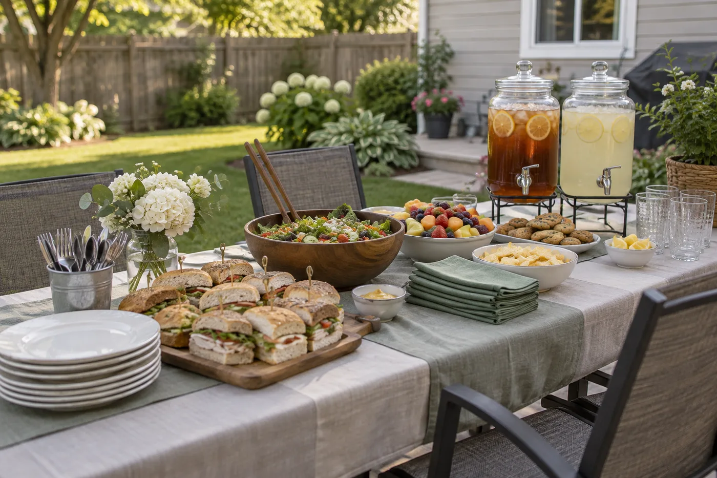 Sandwiches, salads, fruit, and drinks for a backyard anniversary lunch.