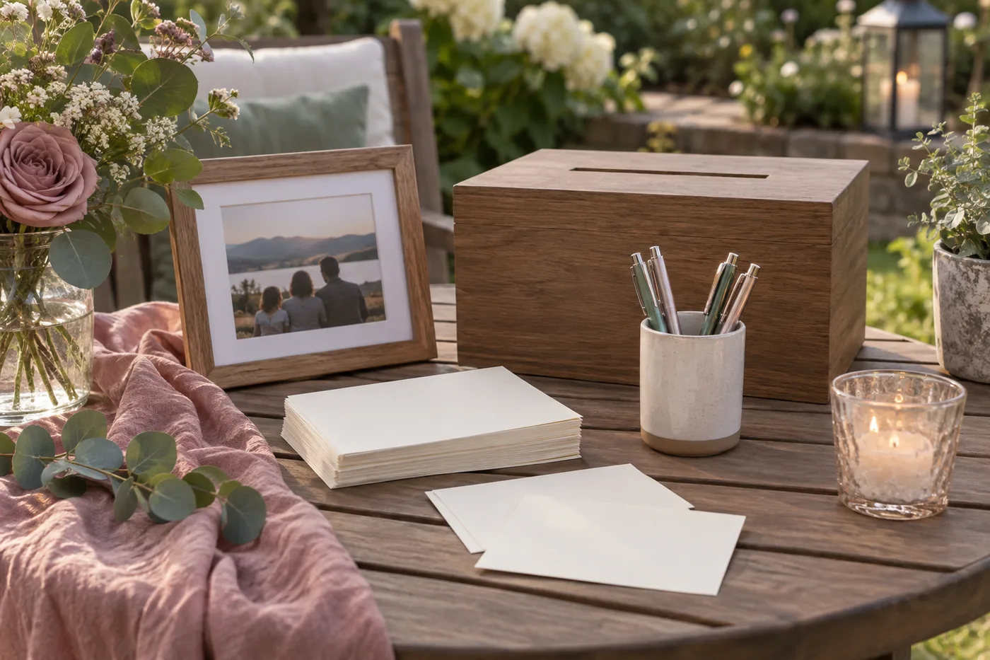 Blank memory cards and pens at a backyard anniversary.