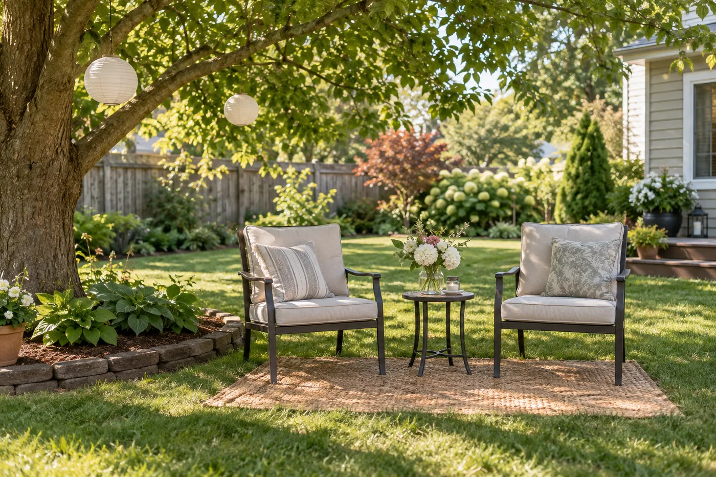Simple chairs under a backyard tree ready for family photographs.