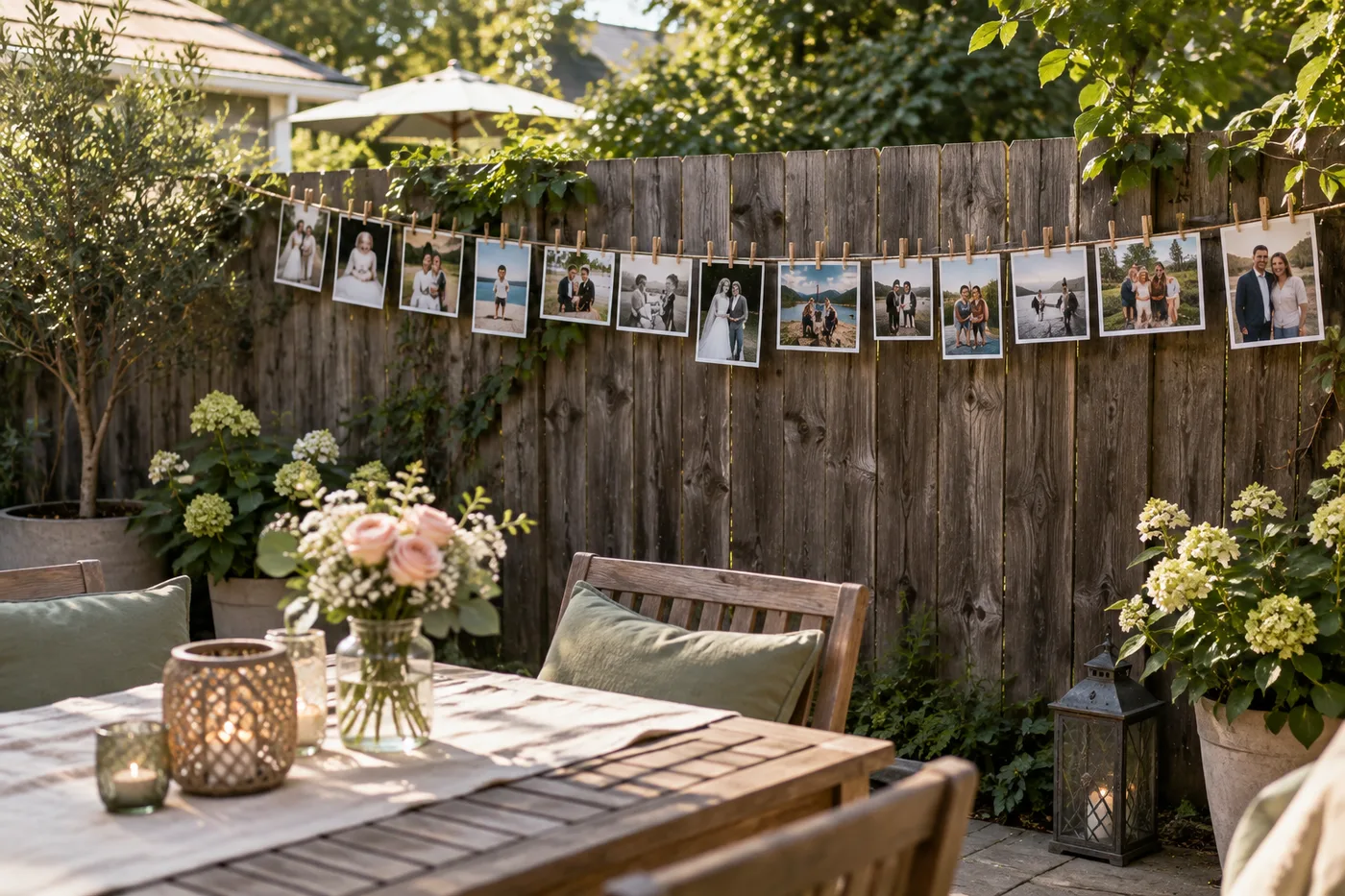 A simple family photo timeline clipped along a backyard fence.