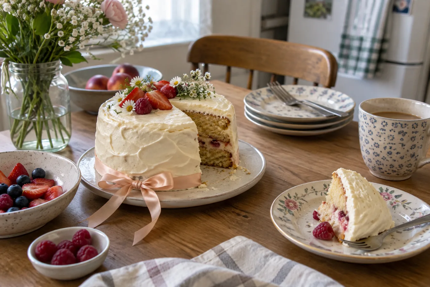 A modest cake with fruit and everyday plates on a home table.