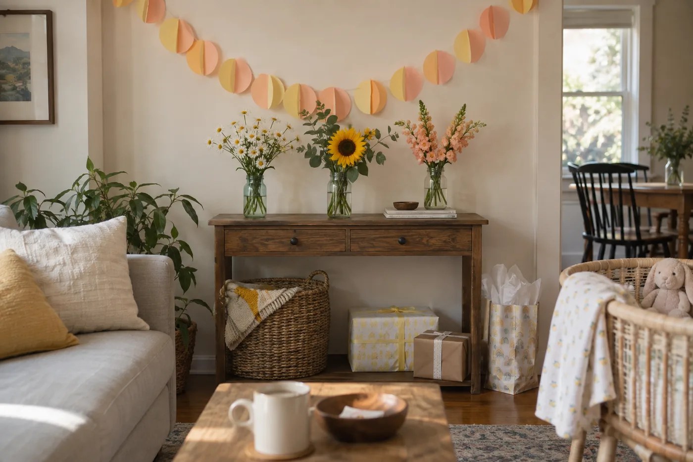 Simple paper garland and small flower jars in a family living room.