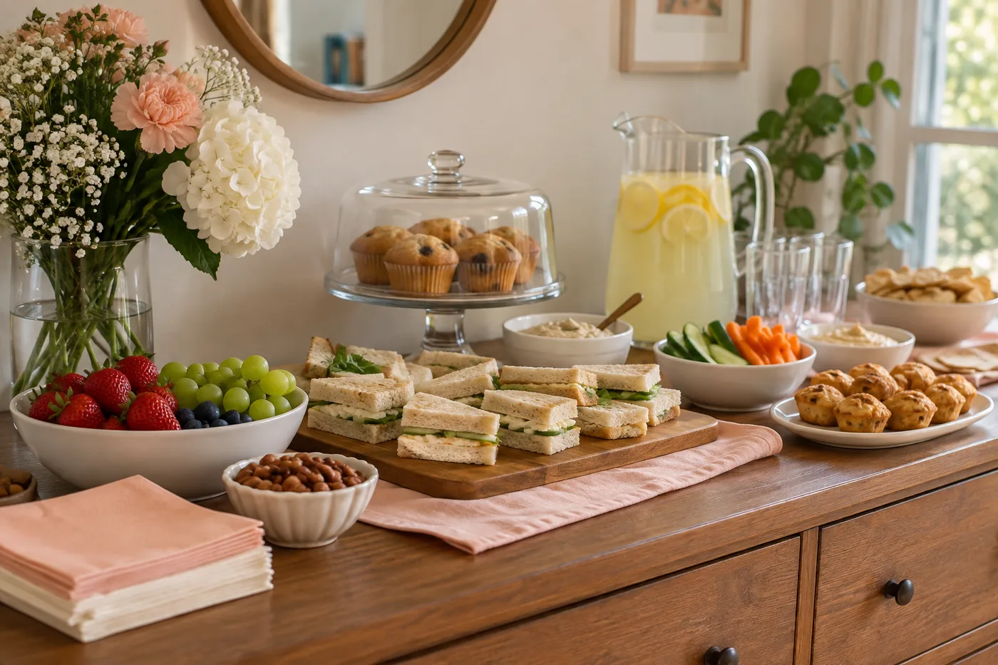 Baby shower snacks, fruit, and lemonade on a home sideboard.