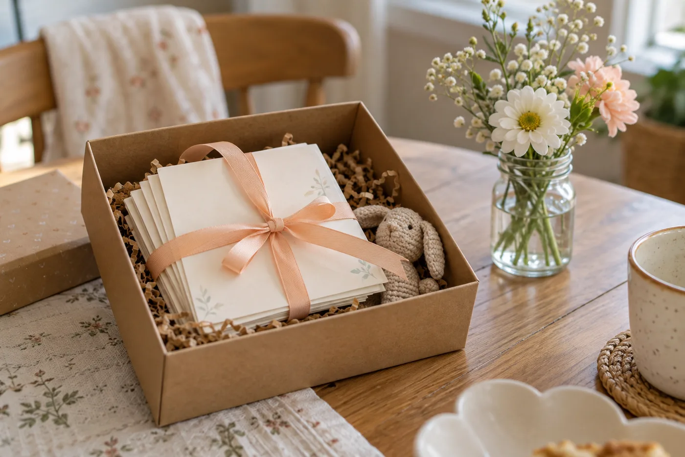 Baby shower wish cards tied with ribbon in a keepsake box.