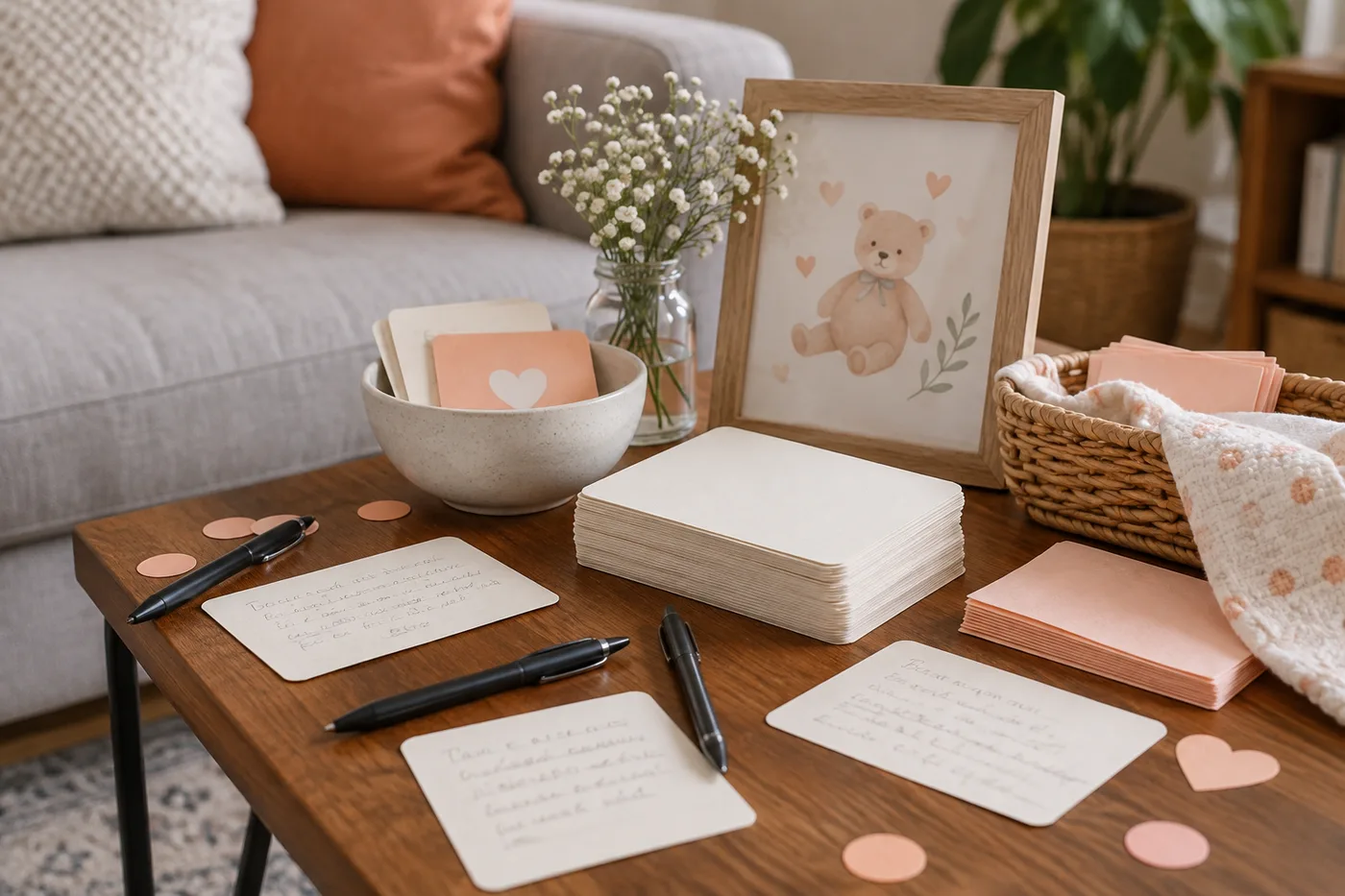 Advice cards and pens arranged for guests at a baby shower.