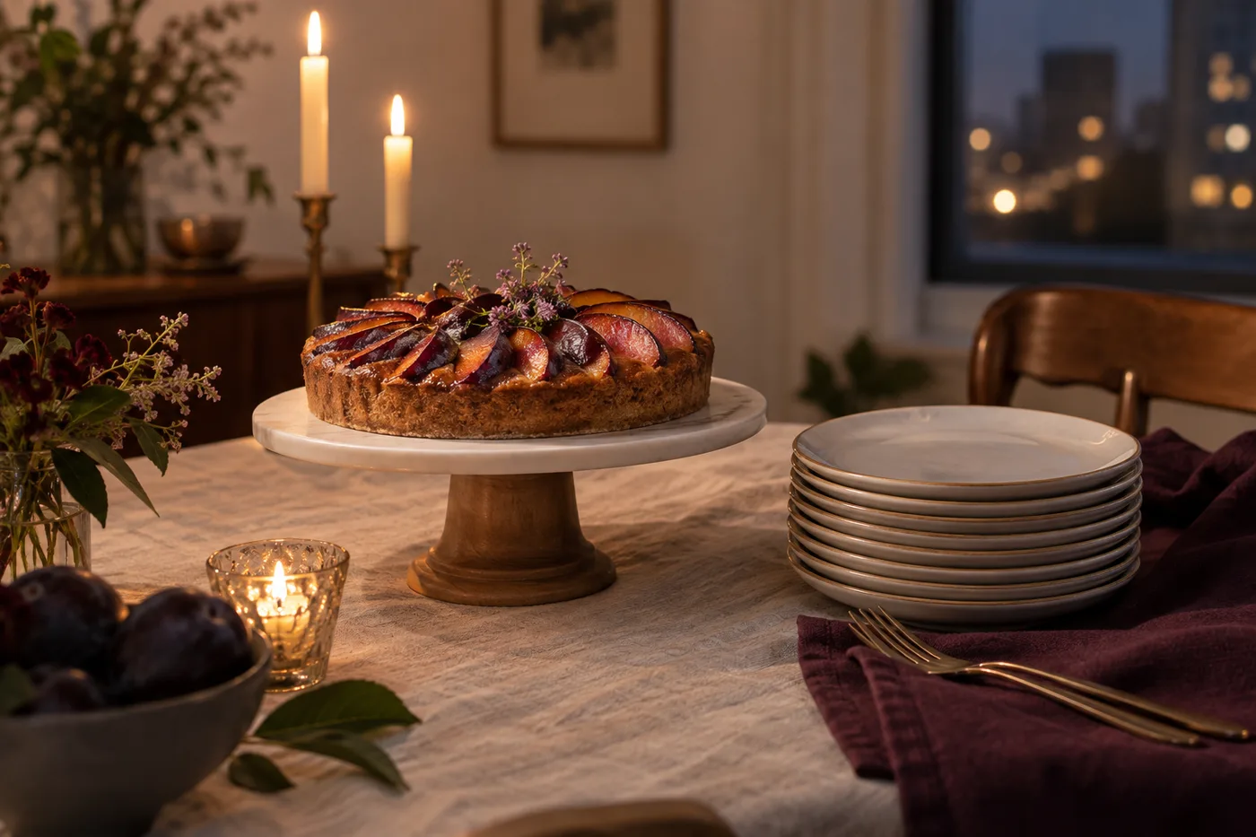 A small fruit dessert and stacked plates at an apartment dinner.