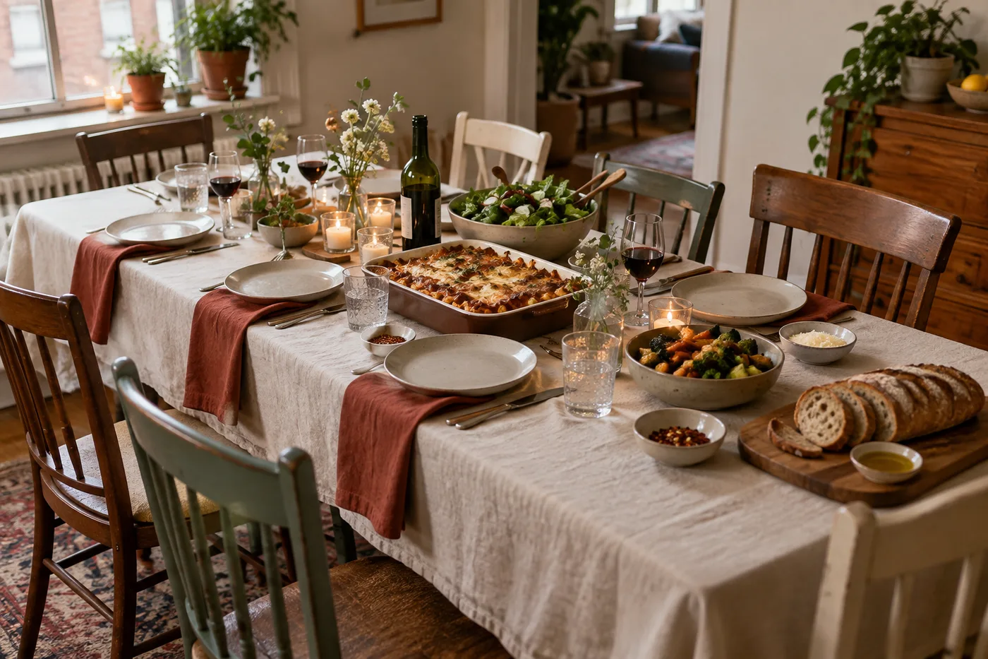 Family-style shared dishes on an apartment engagement dinner table.