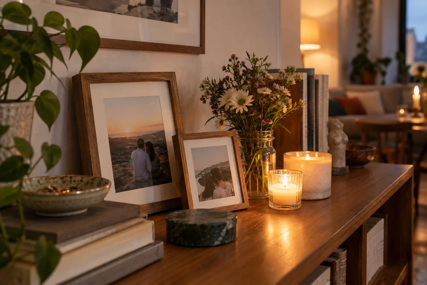Framed couple photographs on a lived-in apartment shelf.