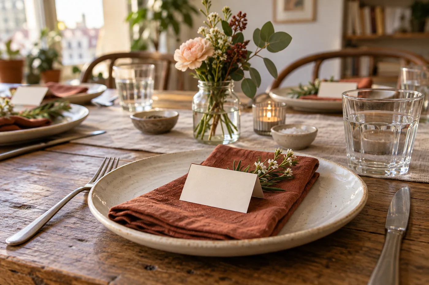 A simple place setting with rust napkin, small flower jar, and blank card.