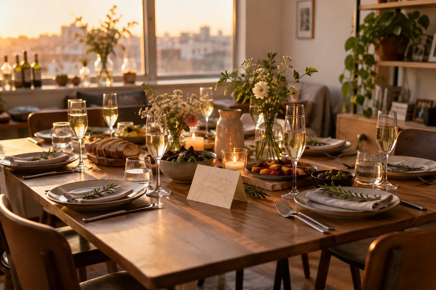 Simple glasses and a toast card on an intimate dinner table.