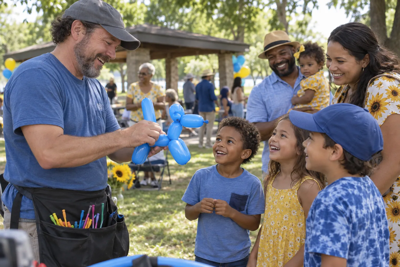 A local balloon artist making a blue balloon animal for children at a park reunion.