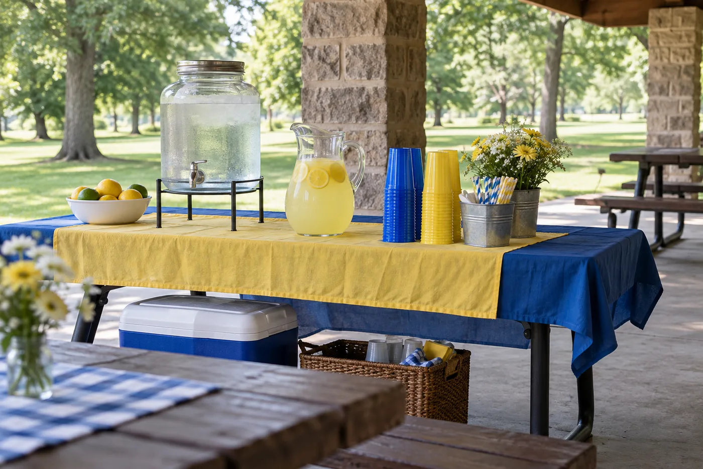 Self-serve water and lemonade station at a park reunion.