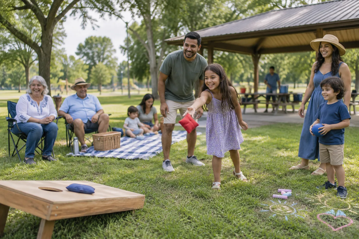 Simple lawn games set out near a park picnic shelter.