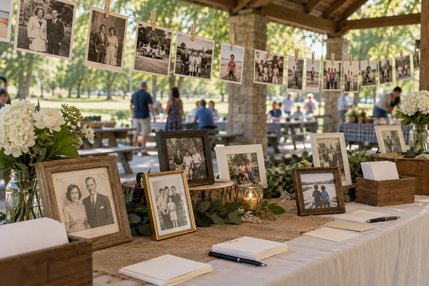 Family photographs and memory cards displayed at a park pavilion.