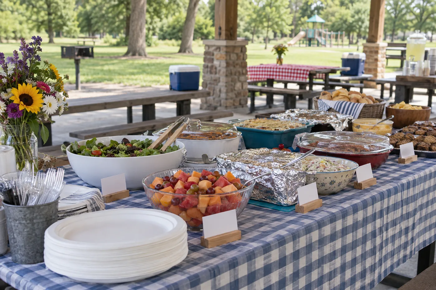 Family potluck dishes arranged on a public park picnic table.