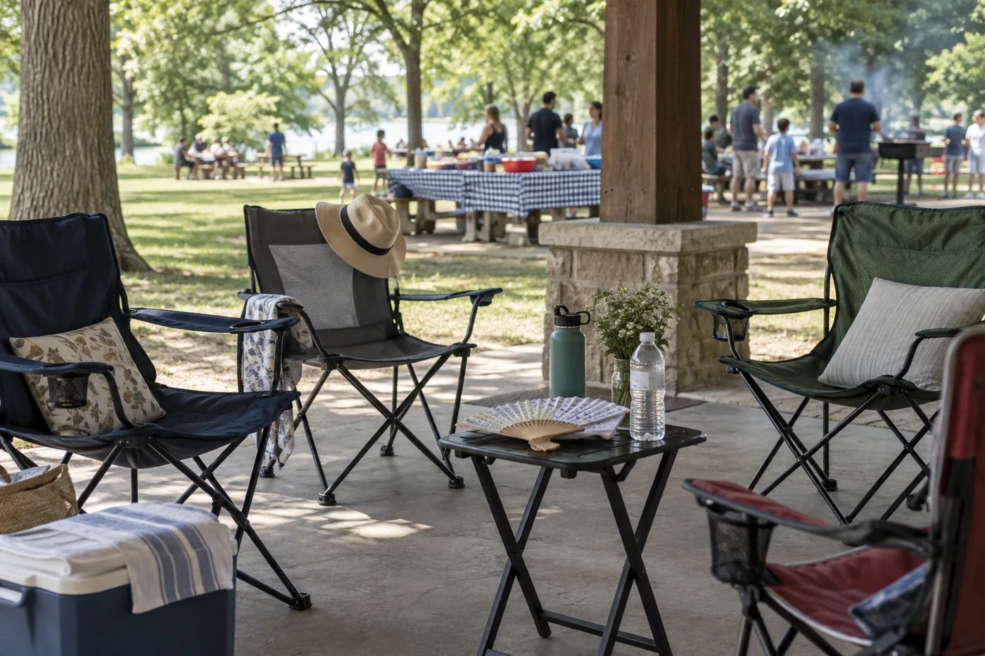 Practical shaded chairs and water at a family park gathering.