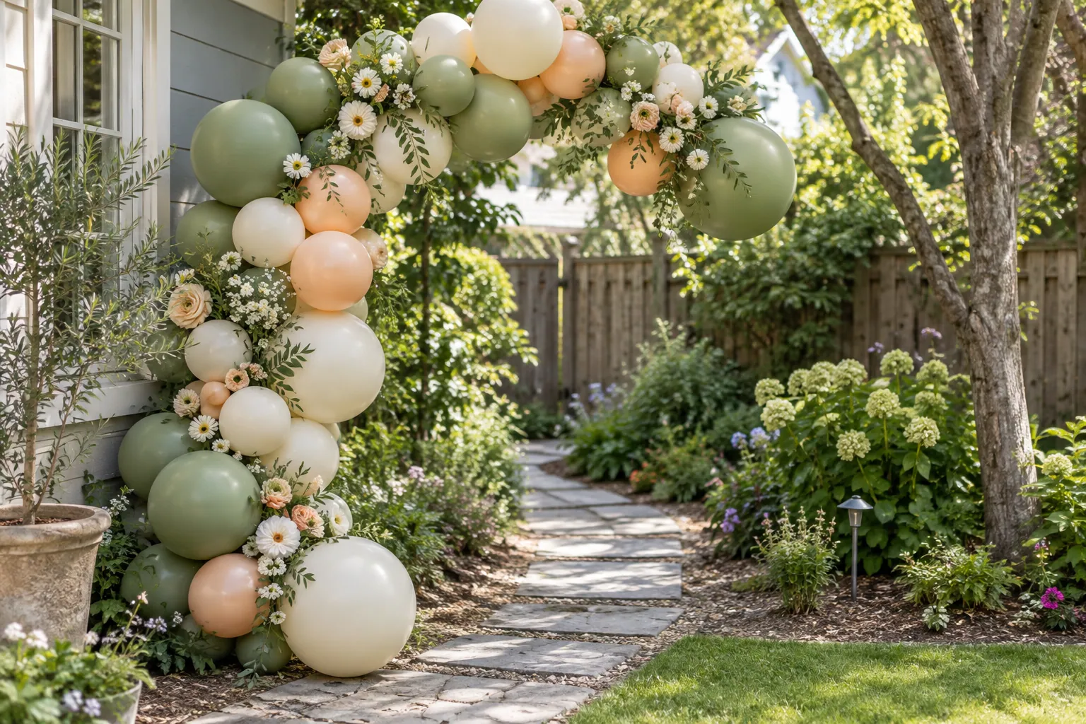 Sage, cream, and apricot balloons form a modest arch beside a garden path.