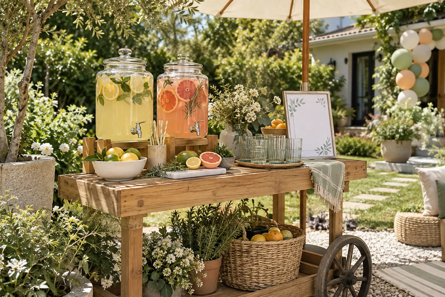 A self-serve garden cart with citrus mocktails, herbs, glasses, and fruit.