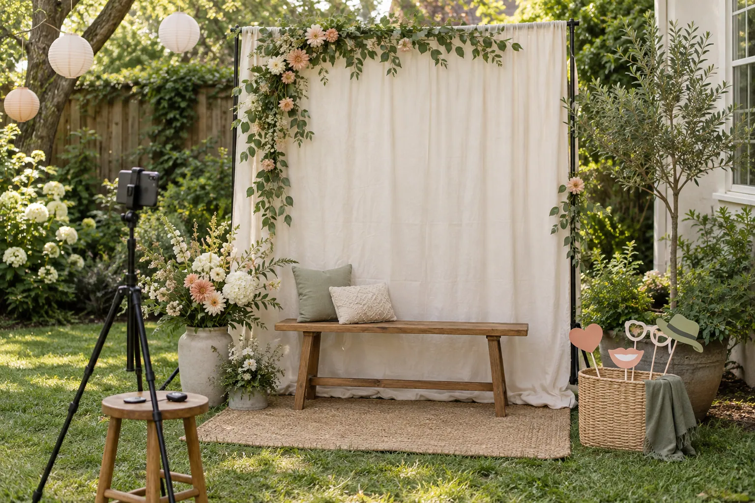 A DIY garden photo booth with linen backdrop, wooden bench, phone tripod, and paper props.