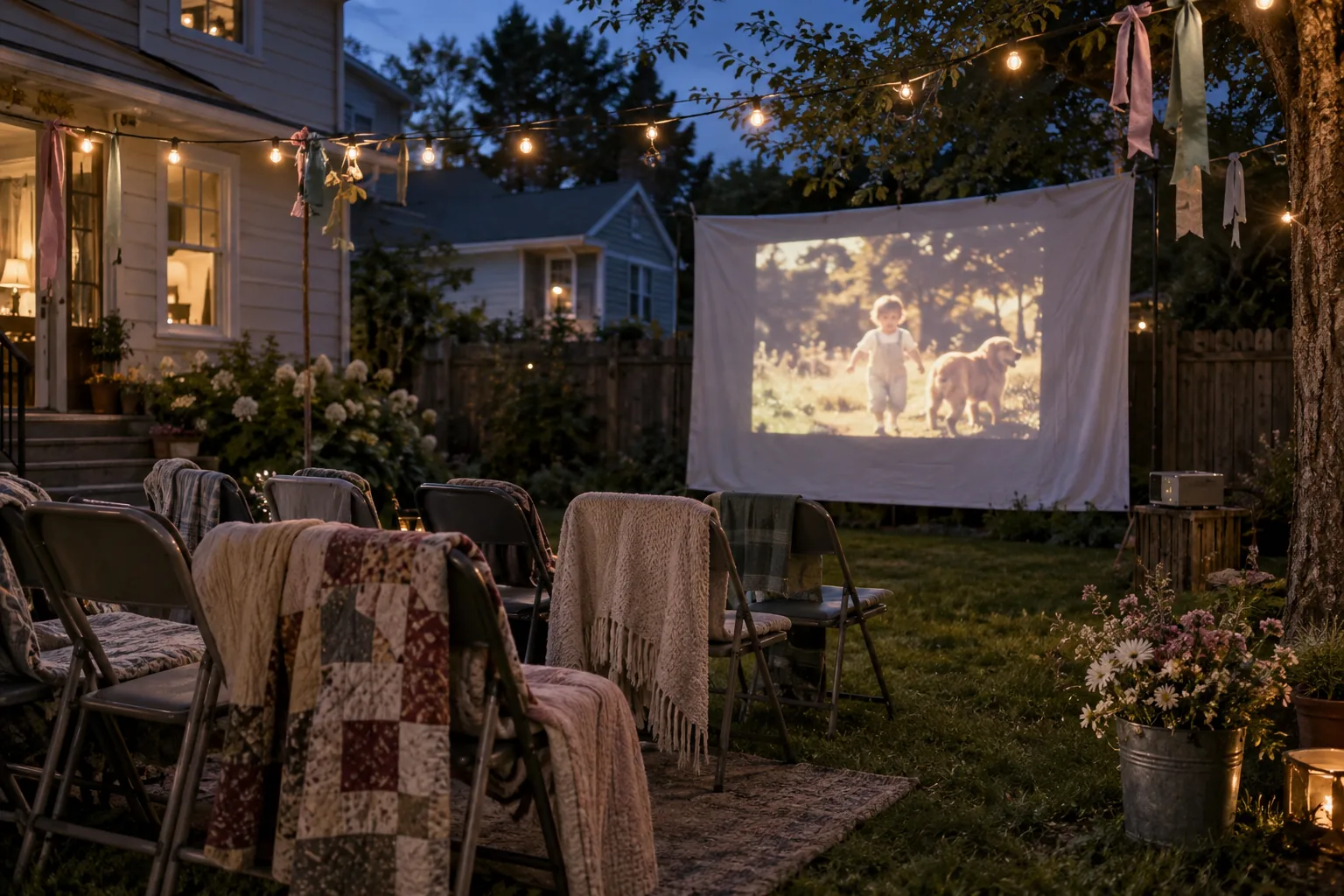A backyard anniversary memory cinema at dusk with a sheet projection, borrowed chairs, quilts, and string lights.