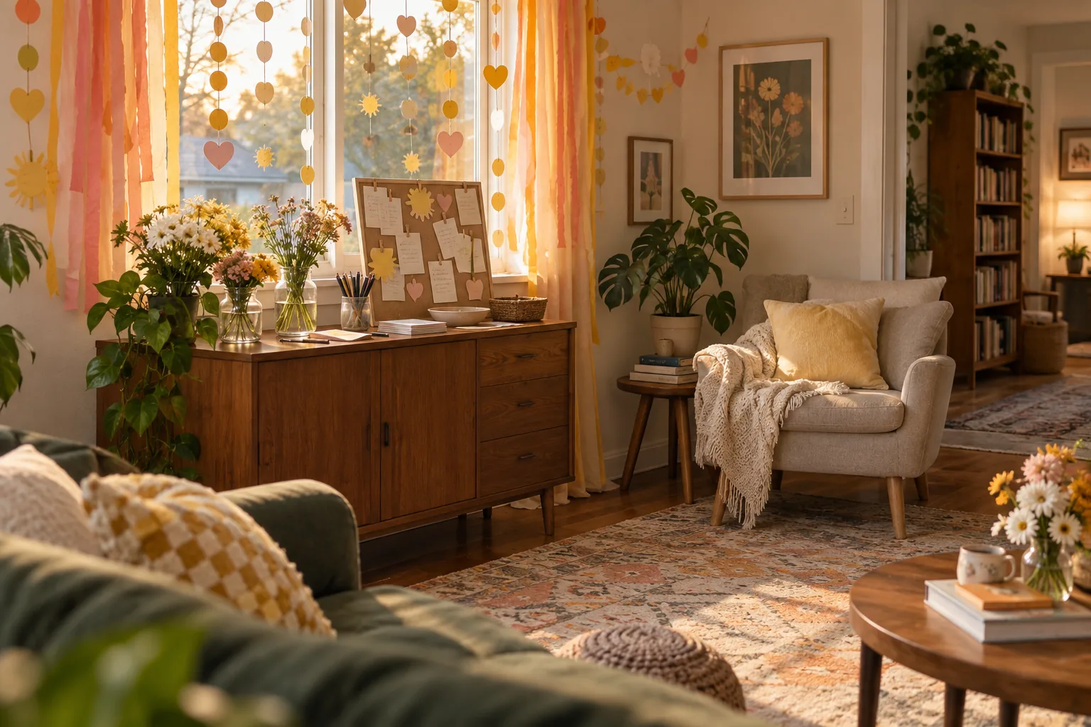 A baby shower wish corner with peach and yellow paper decorations, flower jars, and a comfortable chair in a family living room.