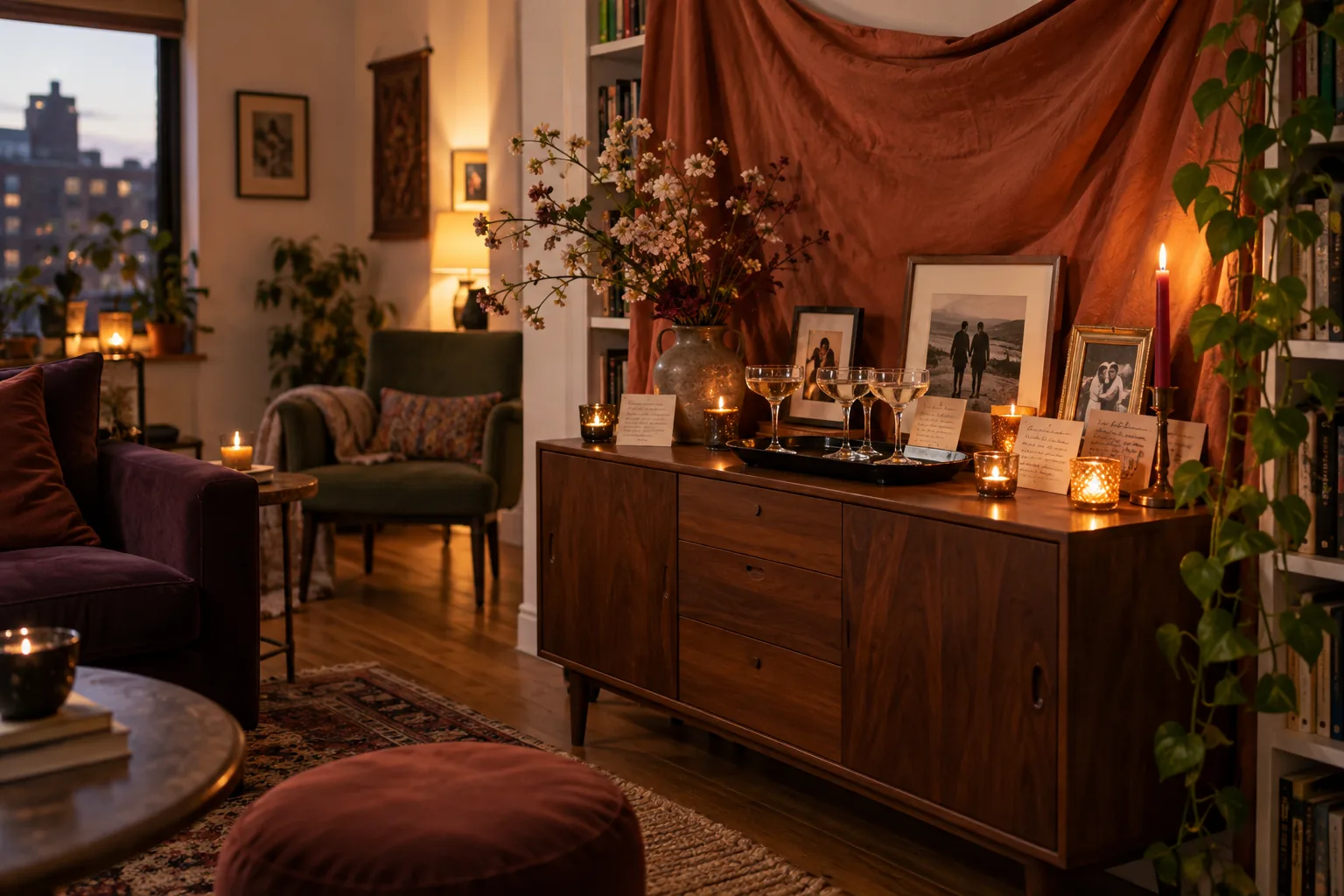 A terracotta-draped apartment toast corner with couple photographs, candles, flowers, and glasses on a sideboard.