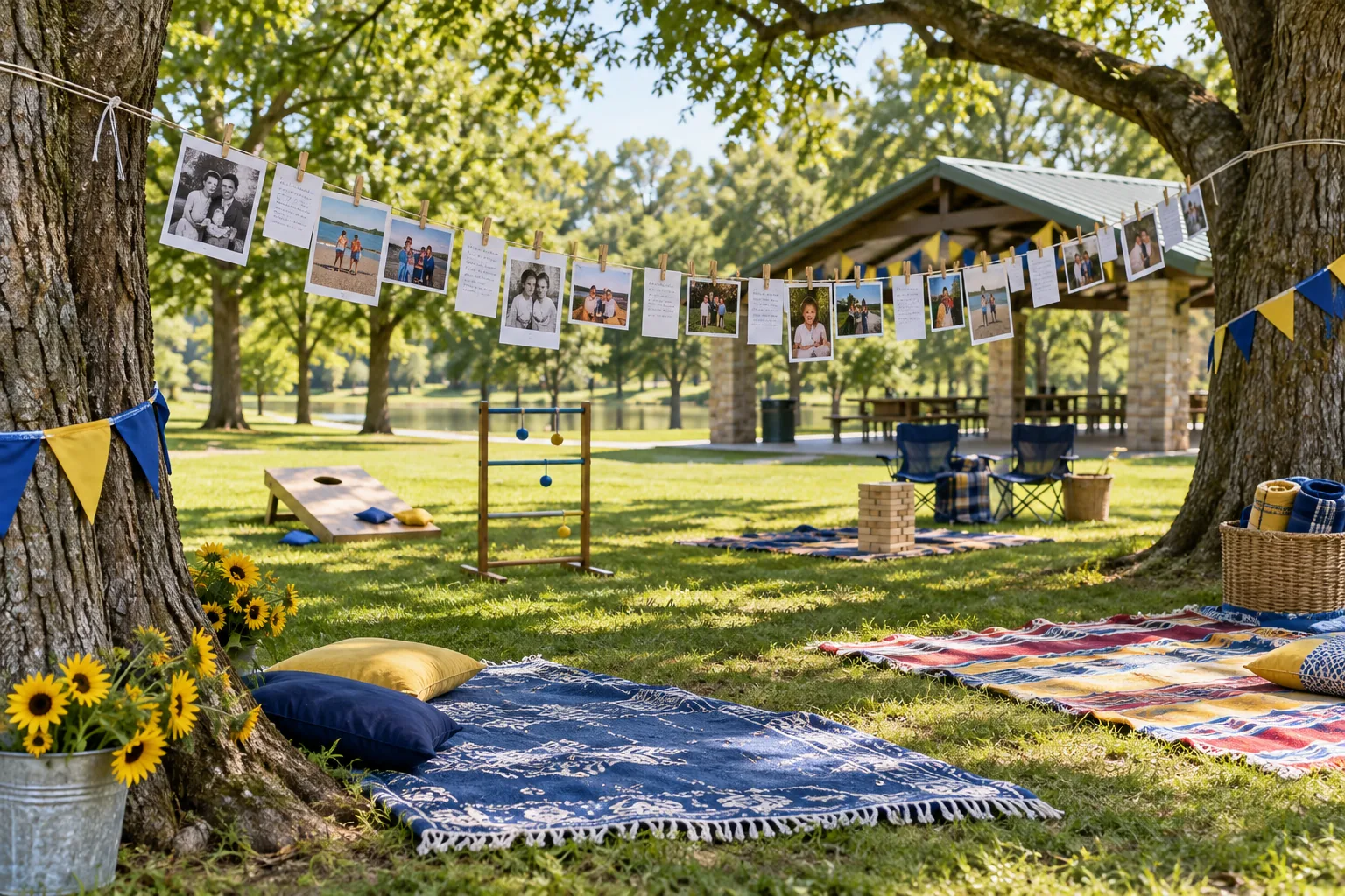 Family photos hung between park trees above picnic blankets and borrowed lawn games, with a public pavilion nearby.